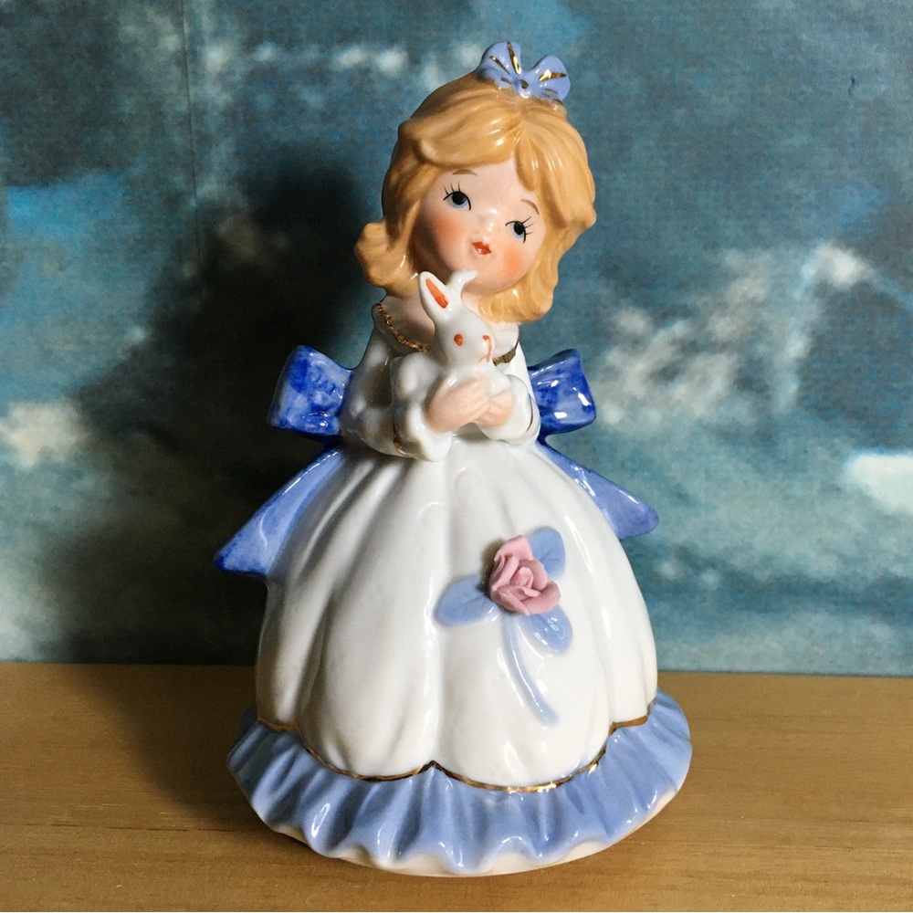 Vintage Japan Music Box Porcelain Girl with Bunny Rabbit Plays Music & Rotates